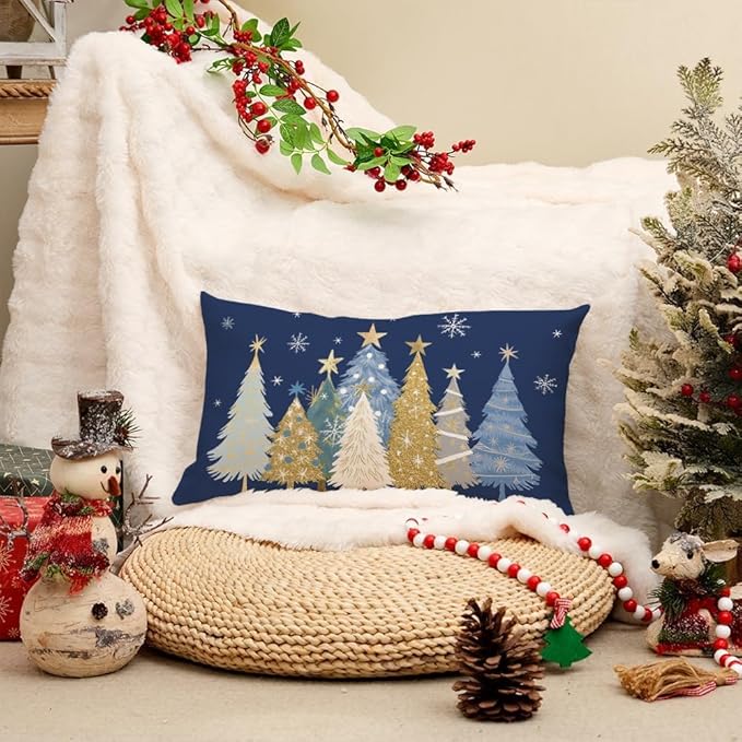 AACORS Christmas Pillow Cover 12X20 Inch Watercolor Christmas Tree Stars Decoration Holiday Farmhouse Winter Pillow Case for Sofa Couch Decor（Blue） AA608-12