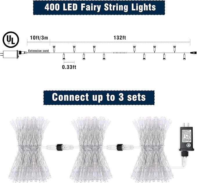 400 LED Red String Lights Outdoor, 132ft Red Christmas Lights 8 Modes Clear Wire, Plug in Waterproof Fairy String Lights for Bedroom Christmas Decorations