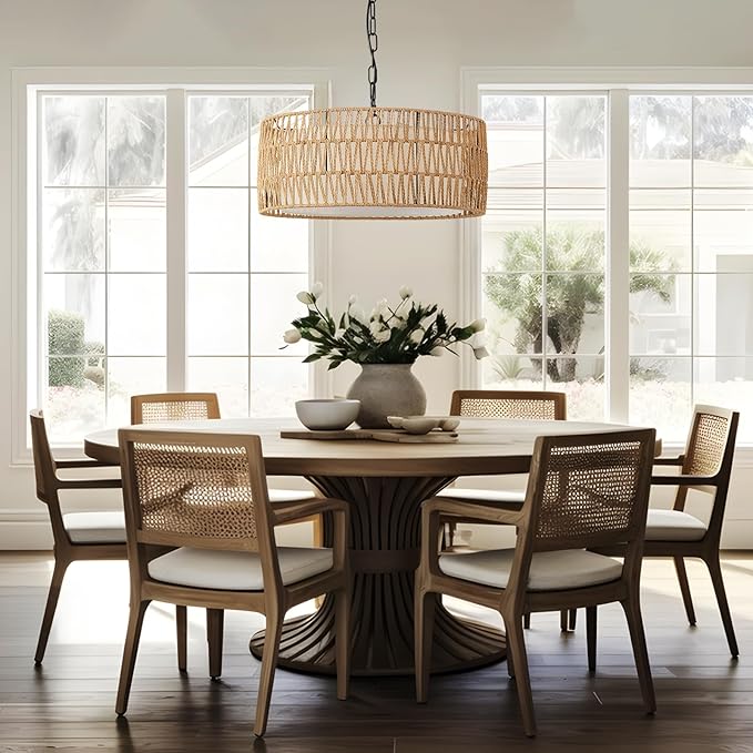 Farmhouse Rattan Chandelier Light Fixture, Boho Pendant Light Hand Woven Chandeliers for Dining Room with Fabric Shade, Large Wicker Coastal Pendant Light for Kitchen Bedroom Island Hallway