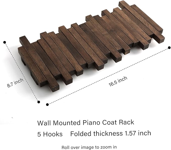 Natural Wood Wall Mounted Piano Coat Rack| Coat Rack Wall Mount| Flip Down Wall Hook Rack 5 Hooks| Entryway Coat Rack,Made of Acacia Wood (Walnut Color Dyed with Wood Wax Oil).Wall Art
