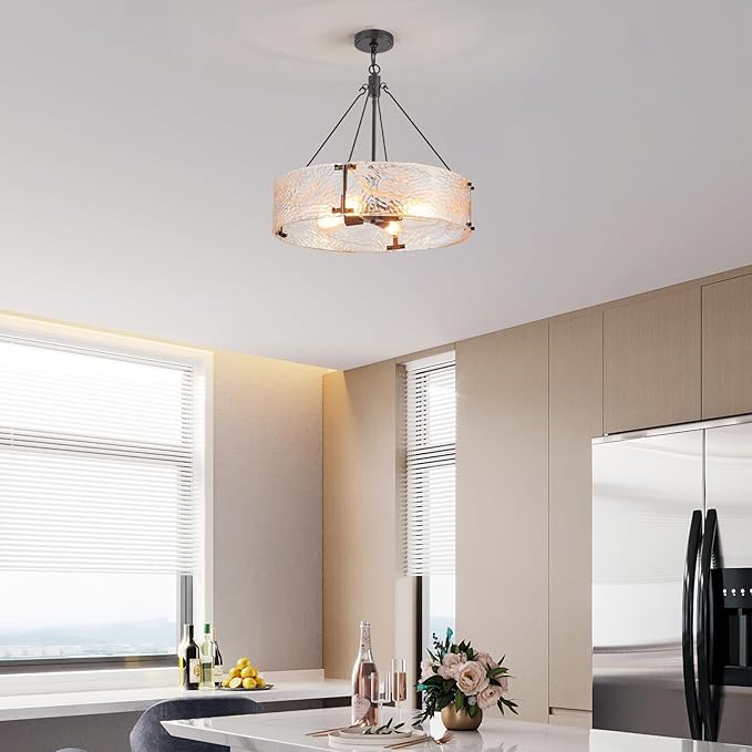 XINGQI Black Glass Chandeliers Modern 4-Light Farmhouse Pendant Lighting Fixtures Elegant Round Chandeliers for Dining Room Kitchen Island Living Room Entryway