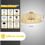 Hamilyeah 24 inch Semi Flush Mount Ceiling Light Fixture with Woven Wicker Shade, Natural Boho Rattan Light Fixture Ceiling Mount for Bedroom, Living Room, Dining Room, Kitchen and Hallway