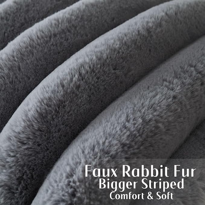 FUTEI Grey Decorative Throw Pillow Covers 26x26 Inch Set of 2, Square Soft Faux Rabbit Fur Big Striped Pillow Sham,Home Decor for Couch Sofa Bed Living Room
