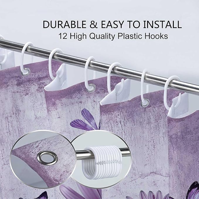 Rustic Farmhouse Purple Floral Shower Curtain, Violet Daisy Flowers Butterfly Dragonfly on Abstract Aesthetic Country Wooden Boho Shower Curtain Set, White Bathroom Accessory Sets with Hooks, 36X70