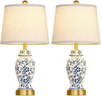 RORIANO Chinoiserie Ceramic Table Lamps Set of 2 for Living Room Bedroom Bedside, Traditional Blue Porcelain Classic Table Lamp for Nightstand Entryway, 2 LED Bulbs Included (Gold)