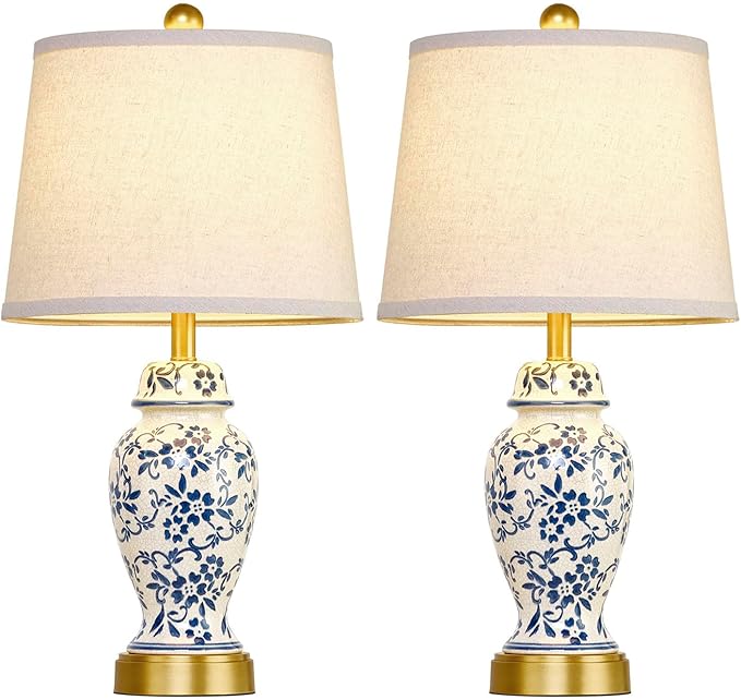RORIANO Chinoiserie Ceramic Table Lamps Set of 2 for Living Room Bedroom Bedside, Traditional Blue Porcelain Classic Table Lamp for Nightstand Entryway, 2 LED Bulbs Included (Gold)