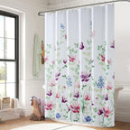 Watercolor Floral Shower Curtain, Green Pink Purple Blue Flower Shower Curtains for Bathroom, Modern White Waterproof Fabric Bath Curtains, 72" W x 72" H