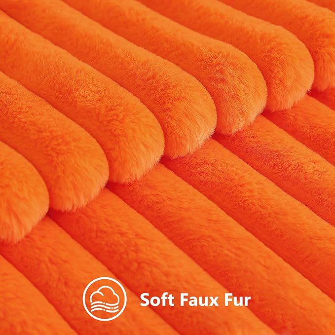 decorUhome Faux Fur Fall Throw Pillow Covers 18x18 Set of 2, Decorative Soft Plush Striped Neutral Couch Euro Pillow Covers with Velvet Back for Sofa, Bed, Living Room Home Decor, Orange