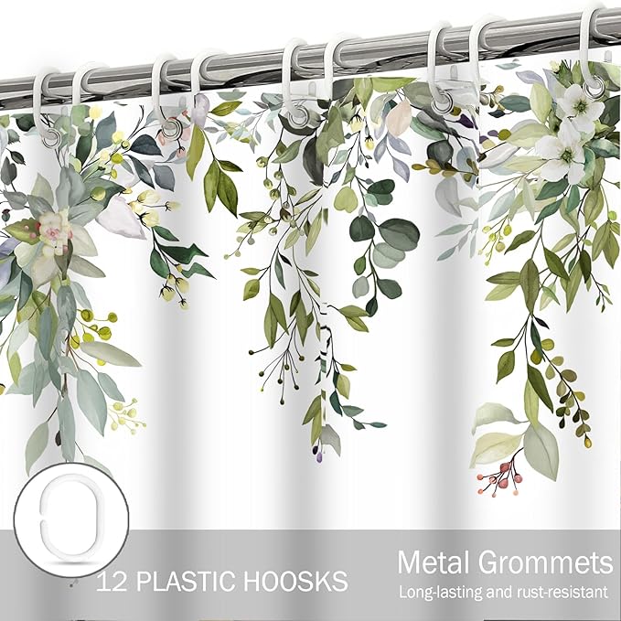 Eucalyptus Shower Curtain, Green Watercolor Leaves with Floral Botanical Bathroom Decor, Waterproof Fabric Bath Curtain Set with Hooks, 72x78 Inches