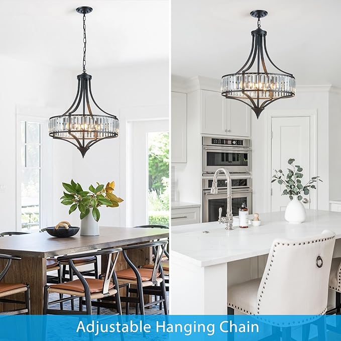 XINGQI Black Crystal Chandeliers for Dining Room, 21.6" Large Rustic Farmhouse Chandelier with Round Metal Shade, 6-Light Dining Room Light Fixture for Kitchen Island Hallway Bedroom