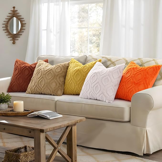 decorUhome Fall Throw Pillow Covers 20x20 Inch Set of 2, Soft Plush Decorative Faux Fur Rust Solid Couch Pillow Covers, Accent Farmhouse Neutral Square Euro Pillow Cases for Sofa Bed Living Room
