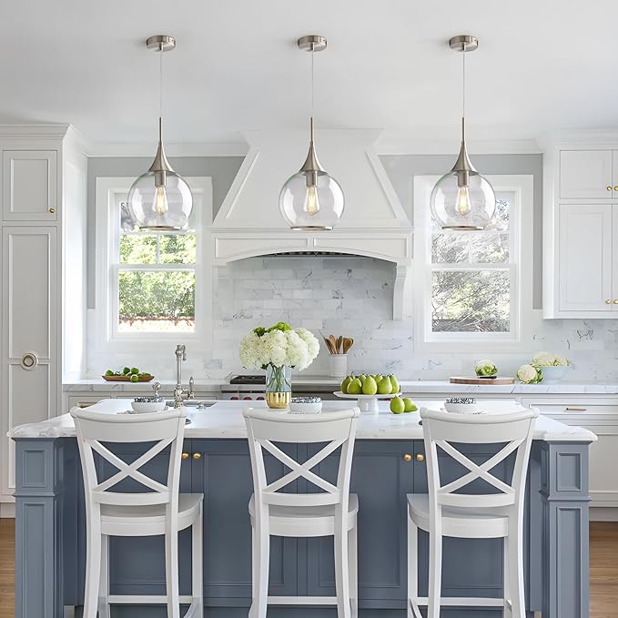 Pendant Lights Kitchen Island: 3 Pack Brushed Nickel Light Fixture Modern with Clear Glass - 10 Inch Mid Century Globe Kitchen Lighting Fixtures Ceiling for Bar