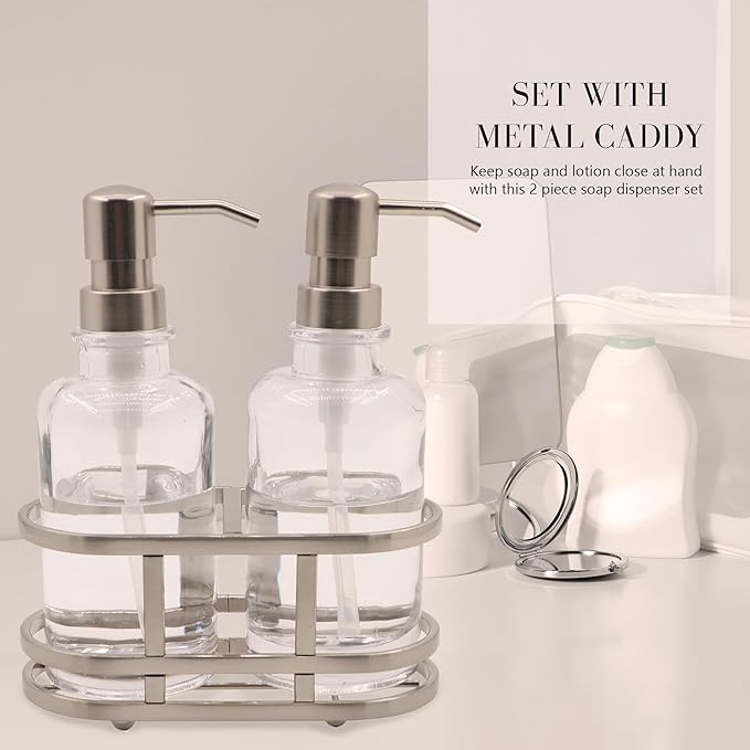 3 Piece Round Heavy Weight Glass Soap Lotion Pump Dispenser Set with Metal Caddy for Home Bath Kitchen Travel Office Hand Crafted Metal Tray Nickel