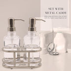 3 Piece Round Heavy Weight Glass Soap Lotion Pump Dispenser Set with Metal Caddy for Home Bath Kitchen Travel Office Hand Crafted Metal Tray Nickel