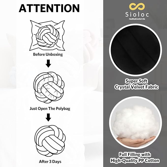Sioloc Soft Knot Ball Pillows,Round Throw Pillow Cushion Home Decoration Plush Pillow,Throw Knotted Pillow Handmade Round Plush Pillow（13.7inches,Black）