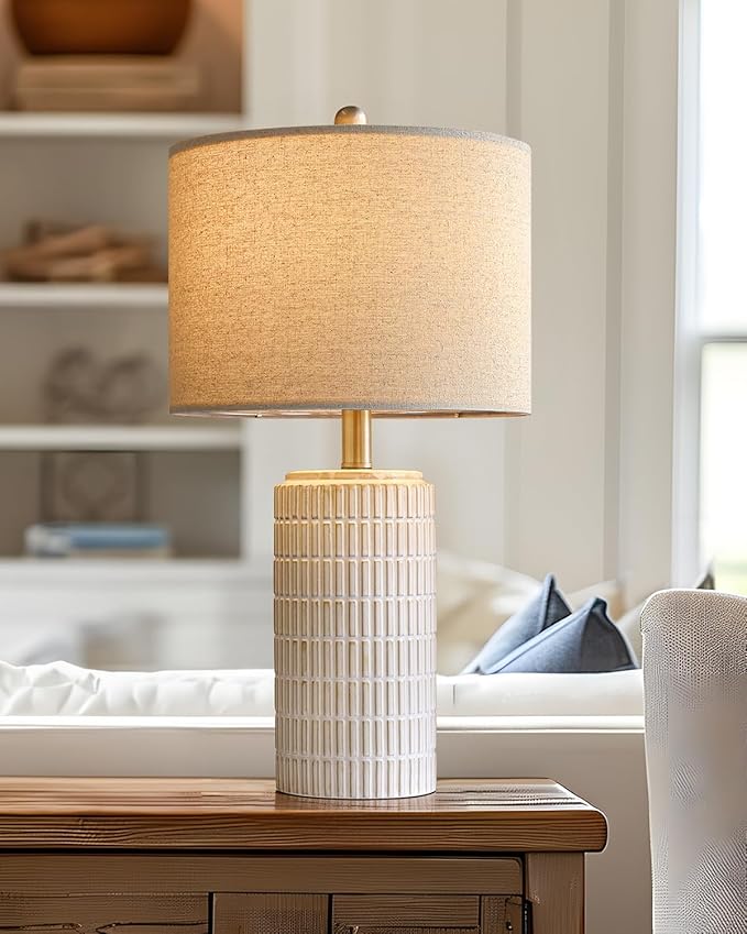 PoKat 23'' Bedside Table Lamp for Bedroom Nightstands, Ceramic Lamp for Living Room, White Night Stand Light with Round Linen Shade, Modern, Silver