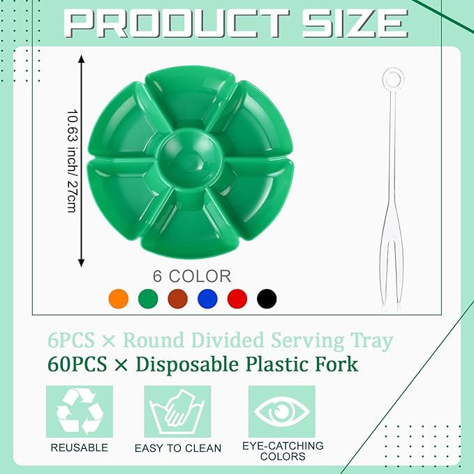Zhehao 6 Pcs Plastic Divided Serving Trays with 60 Pcs Disposable Fork, 7 Compartments Round Chip Dip Plate, Petal Shape Platter, 10.6'' Snacks Serving Dish for Party Candy Nuts Fruits (Warm Color)