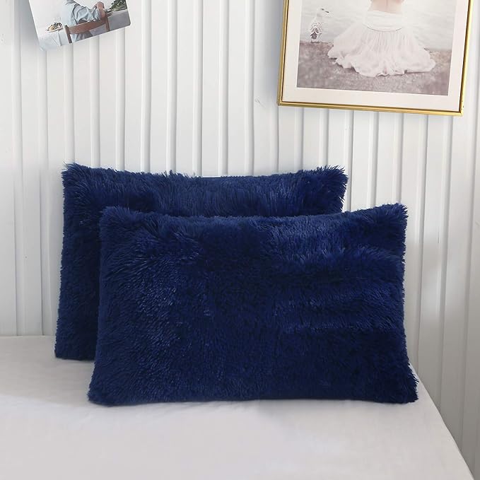 XeGe Faux Fur Throw Pillow Cases, Plush Shaggy Ultra Soft Pillow Covers, Fluffy Crystal Velvet Decorative Pillowcases, Furry Fuzzy Pillow Shams Zipper Closure, Set of 2 (King, Navy Blue)