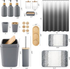 32PCS Grey Bathroom Accessories Set with Shower Curtain,Rugs,Trash Can,3PCS Lotion Soap Dispenser, Toothbrush Holder, Soap Dish,Tumbler Cup,6PCS Wood Tags Bath Accessories with Tray for Bathroom