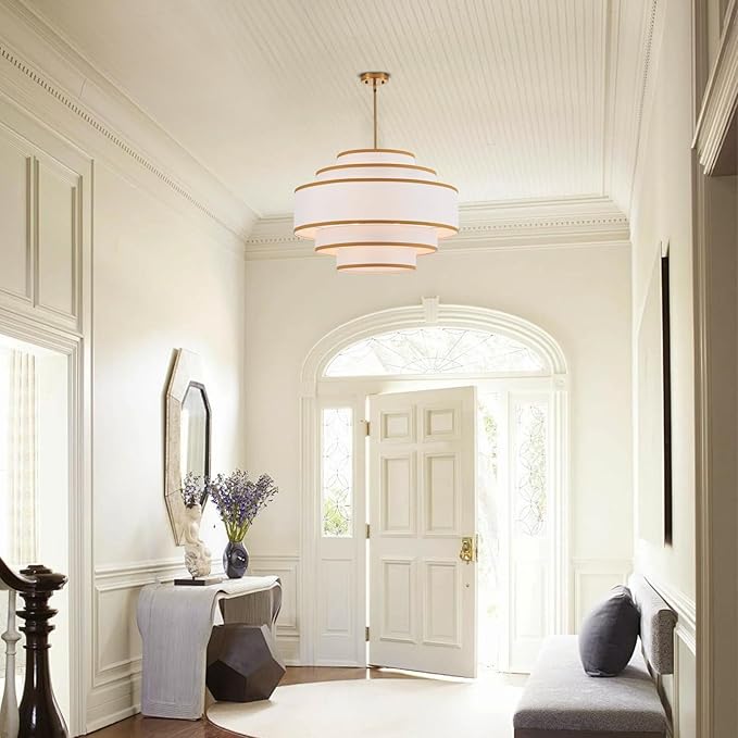 25.6" Gold Drum Chandelier with White Linen Lampshade 6-Light Modern Farmhouse Chandelier Light Fixture for Living Room, Dining Room, Kitchen Island, Entryway, Stairway
