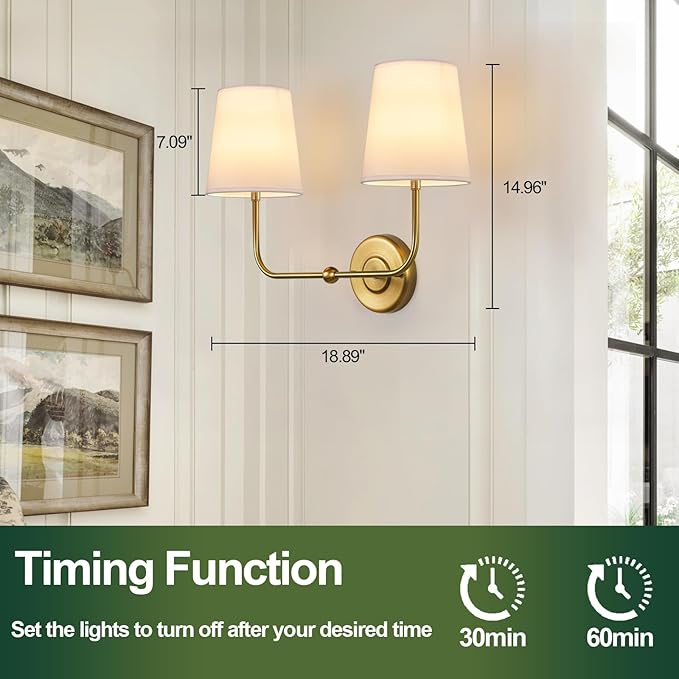 TERLEENART Battery Operated Double Wall Sconce, Cordless Rechargeable Battery Powered 2-Lights Fabric Sconces with Remote Control,Dimmable Sconce Wall Decor Lights for Vanity,Bedroom, Living Room