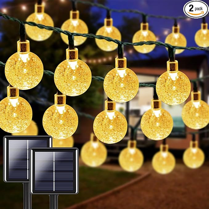 2-Pack 64FT 100 LED Crystal Globe Solar Christmas String Lights Outdoor, Waterproof Solar Lights for Outside, 8 Lighting Modes Christmas Decorations for Garden Yard Porch Wedding Patio(Warm White)