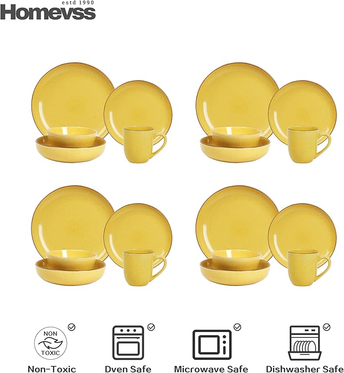 Eur-Nordic Shape Raising Rim 20pc Dinnerware Set, Shiny Glaze Yellow with Speckle Effect
