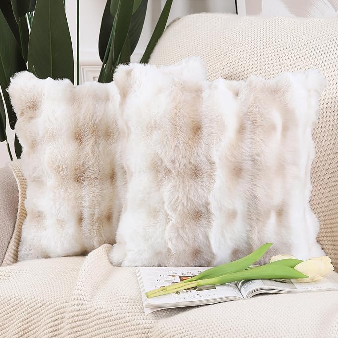 MADIZZ Pack of 2 Thick Plush Wool Throw Pillow Covers 18x18 Inch White Beige Soft Neutral Decorative Throw Pillows Accent Boho Cushion Covers for Couch Sofa Bedroom Pillow Shell