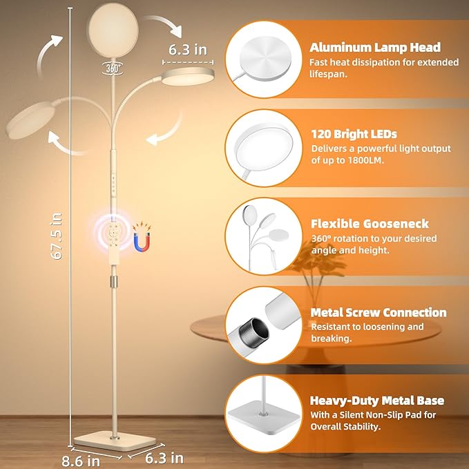 Floor Lamp, Adjustable Height Floor Lamps for Living Room Bedroom, 120 LED Super Bright Standing Lamp Remote & Touch Control Dimmable Gooseneck Tall Stand Reading Lamp for Office Craft, White