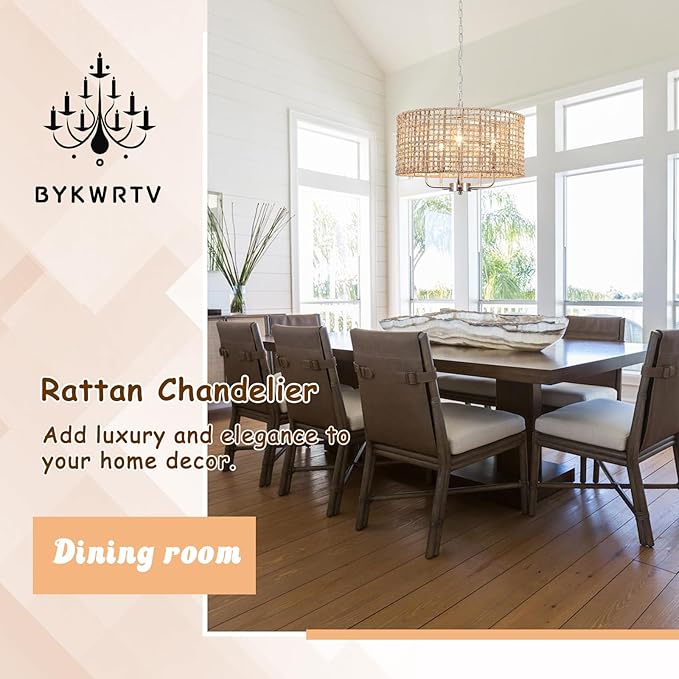 18.9'' Hand Woven Rattan Chandelier, 5-Light Rattan Pendant Light Farmhouse Chandeliers for Dining Room Light Fixture, Rustic Chandelier Wicker Hanging Pendant Lighting for Bedroom Living Room Foyer
