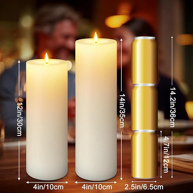 12" x 4" Large Outdoor Candles, Waterproof Flickering LED Flameless Candles with Timer, Battery Operated Candles with Remote Control Realistic Fake Pillar for Patio Porch Lanterns, White 2 Pack