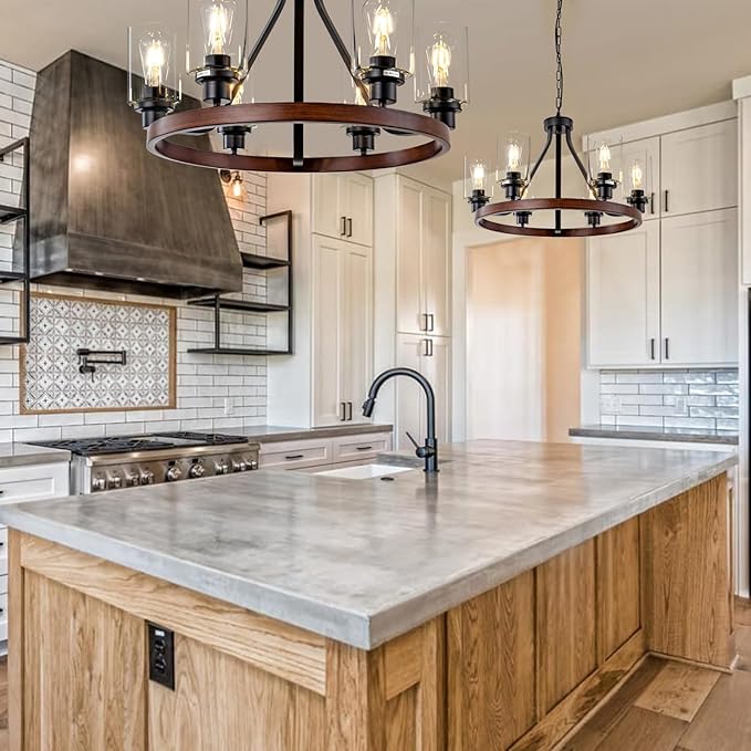 6-Light Farmhose Chandelier for Dining Room Light Fixture Faux Wood Kitchen Pendant Light Round Rustic Ceiling Hanging Lighting with Glass Globes Adjustable Height Metal E26