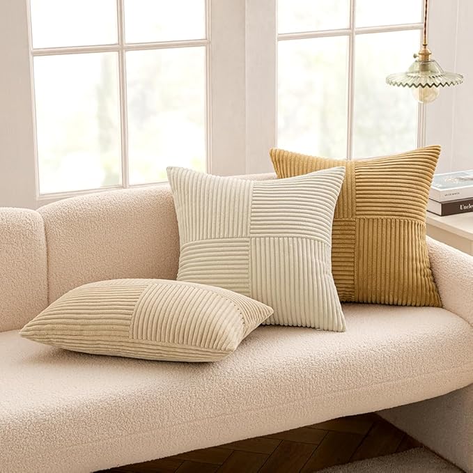 MIULEE Cream Corduroy Pillow Covers Pack of 2 Boho Decorative Spliced Throw Pillow Covers Soft Solid Couch Pillowcases Cross Patchwork Textured Cushion Covers for Living Room Bed Sofa 16x16 inch