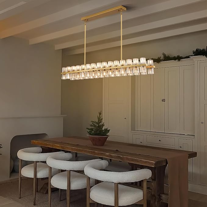 Crystal Gold Rectangular Chandelier for Dining Room,54in Dining Chandeliers Over Table,Modern Chandelier for Dining Room,Arcachon Chandelier Kitchen Island Chandeliers,Includes 60XG4 Bulbs