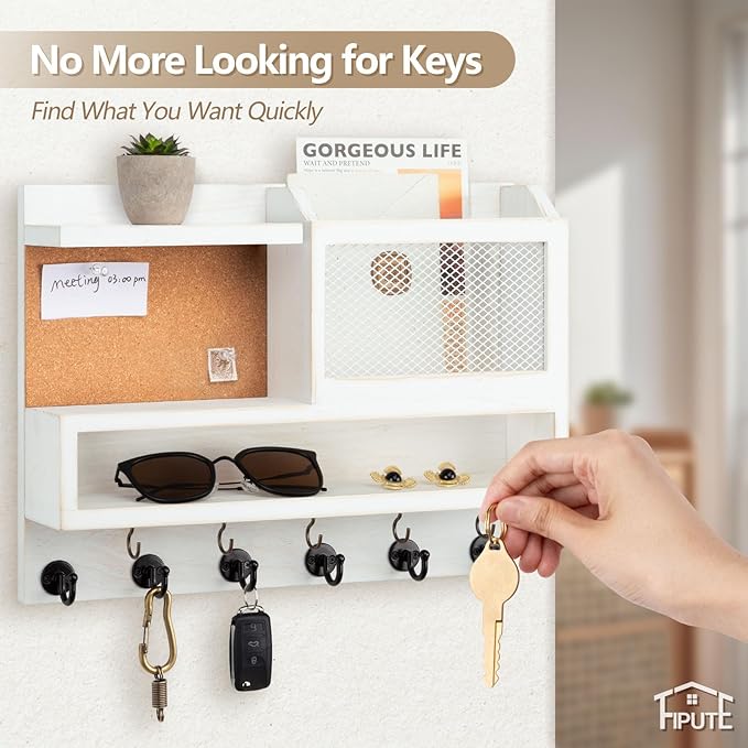 Key Holder for Wall with Mail Organizer,Farmhouse Mail and Key Holder for Wall,Key Hanger with ‌Metal 11 Hooks,Corkboard,and Shelf,Decorative Natural Pine Wood Entryway Organizer,14.6*11.1*3.3”,White