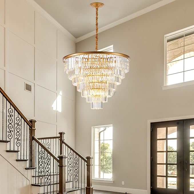 7-Tiers 22 Lights Gold Crystal Chandelier Luxury 35.46" Modern Contemporary Crystal Pendant Ceiling Lighting Crystals Light Fixture for Living Room Hotel Lobby Restaurant Foyer High Ceiling