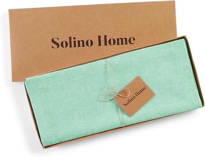 Solino Home Linen Table Runner 36 Inches - 100% Pure Linen Chambray Aqua Table Runner 14 x 36 Inch Ideal for Dresser and Coffee Tables - Athena