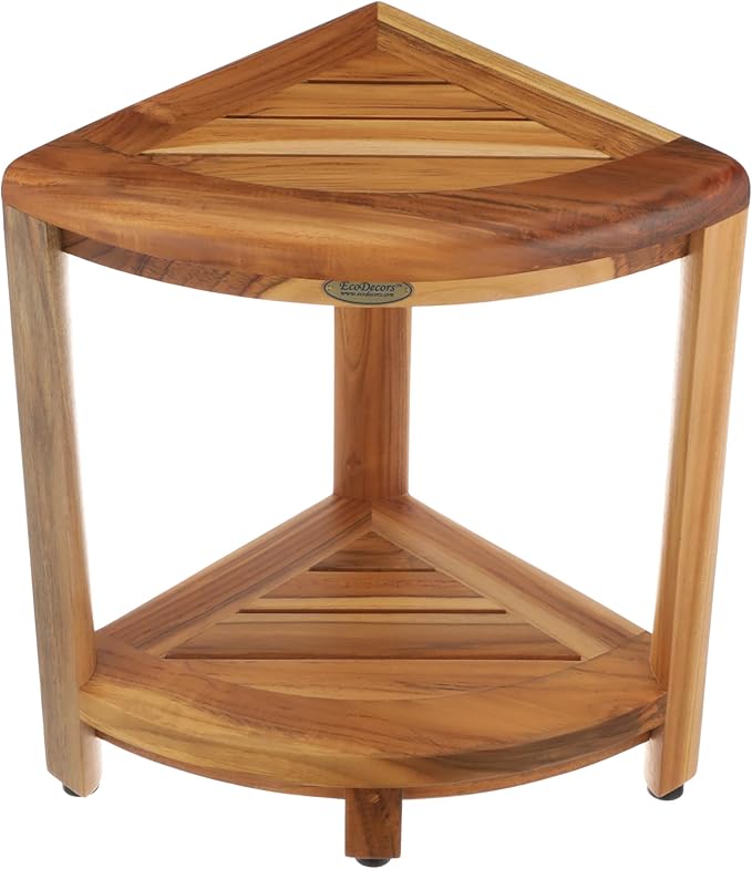 EcoDecors® SnazzyCorner® 18" Teak Wood Corner Shower Shelf in EarthyTeak Finish, Fully Assembled, for Bathroom & Outdoor Use