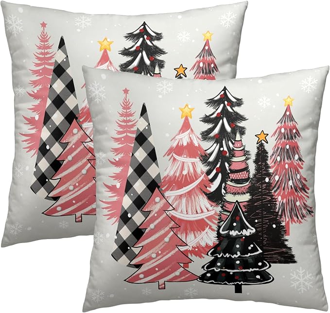 Christmas Tree Pillow Covers 20x20, Set of 2 Xmas Pine Trees Pink Black Plaid Snowflakes Winter Decorative Pillowcases Square Cushion Cover for Sofa Couch Bed Home Car