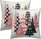 Christmas Tree Throw Pillow Covers 22x22 Inch, 2 Pcs Pink Grey Buffalo Check Plaid Xmas Trees Farmhouse Outdoor Decorative Square Pillow Cases Cushion Cover for Home Couch Sofa