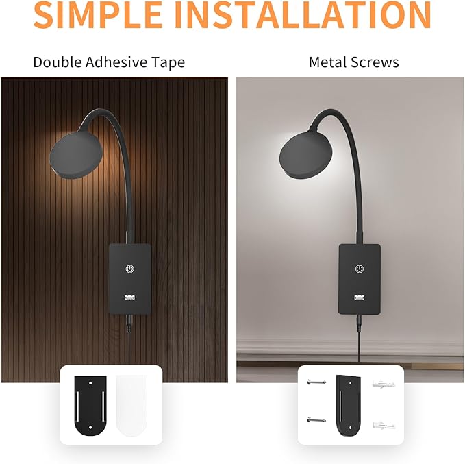 Touch Dimmable LED Wall Mounted Bedside Reading Light, Black Flexible LED Wall Reading Lamp for Nightstand in Bedroom, 120° Wide Angle Neutral White Lighting, with 5V2A USB Output Port