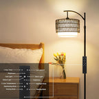Floor Lamps for Living Room, Arc Standing Lamp with Remote & Dimmable Bulb, Boho Rattan Floor Lamp for Bedroom with 3 Color Temperatures, Farmhouse Tall Lamp, Height Adjustable Stand up Lamp