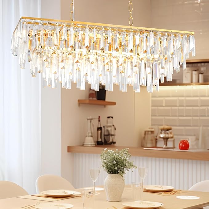 Rectangle Dining Room Chandelier, 32" Gold Modern Rectangle Luxury Crystal Chandelier 10 Lights Top K9 Linear Ceiling Pendant Light Fixture for Dining Room Kitchen Table Living Room