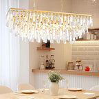 Rectangle Dining Room Chandelier, 32" Gold Modern Rectangle Luxury Crystal Chandelier 10 Lights Top K9 Linear Ceiling Pendant Light Fixture for Dining Room Kitchen Table Living Room
