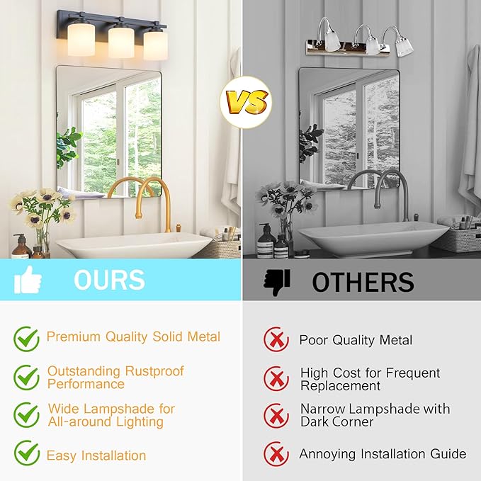 3 Light Modern Bathroom Light Fixtures Over Mirror, Black Vanity Lights for Bathroom Wall Sconces with Milky White Glass Shades, E26 Socket (Bulbs Not Included)