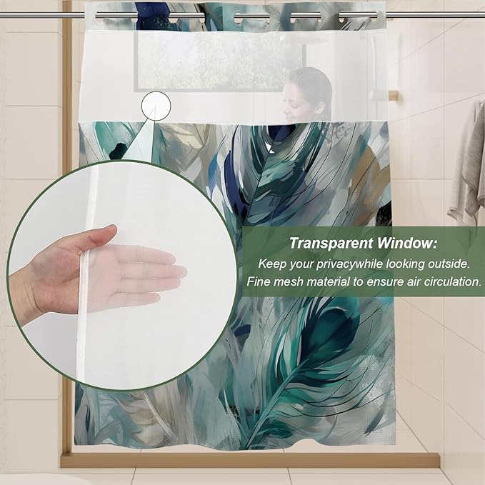 Vintage Watercolor Peacock Feathers Theme No Hook Waffle Shower Curtain with Snap in Fabric Liner Set, Detachable Liner,See Through Mesh Top Window,Waterproof Washable 72" W x 74" H