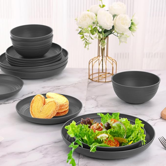 Grey Cups and Plates Sets for Kitchen Plates and Bowls Set, Dishware Sets for 8 Kids Plate Non Toxic Unbreakable and Lightweight,32pcs Halloween Plastic Dinnerware Set, Dishwasher and Microwave Safe