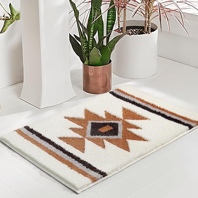 Bathroom Rugs White Boho Bath Mat Non Slip, Soft Absorbent Washable Aztec Bath Rug Floor Mat for Bathroom Shower Tub Modern Decor 18x24