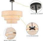 19.7" Black Drum Chandelier 4-Light Vintage Modern Chandelier Light Fixture with Linen Shade Retro Farmhouse Drum Chandeliers for Dining Room, Kitchen Island, Foyer, Entryway Bedroom