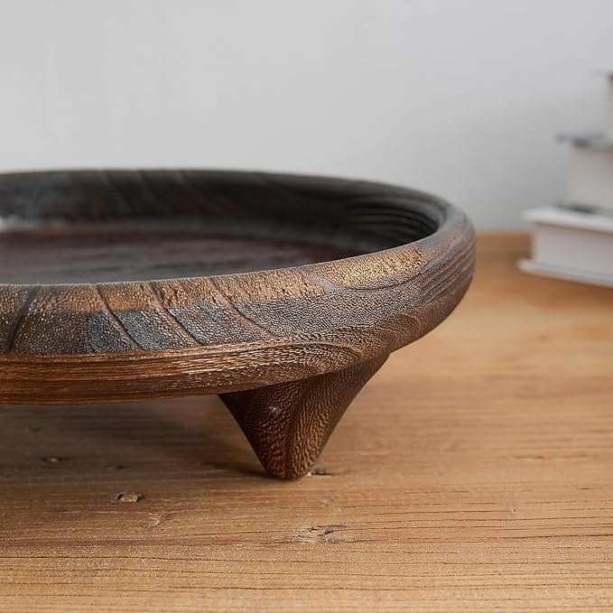 Light Wood Round Footed Serving Tray,Wabi Sabi Decor,Brown Decorative,Candle Tray,Wooden Display Riser